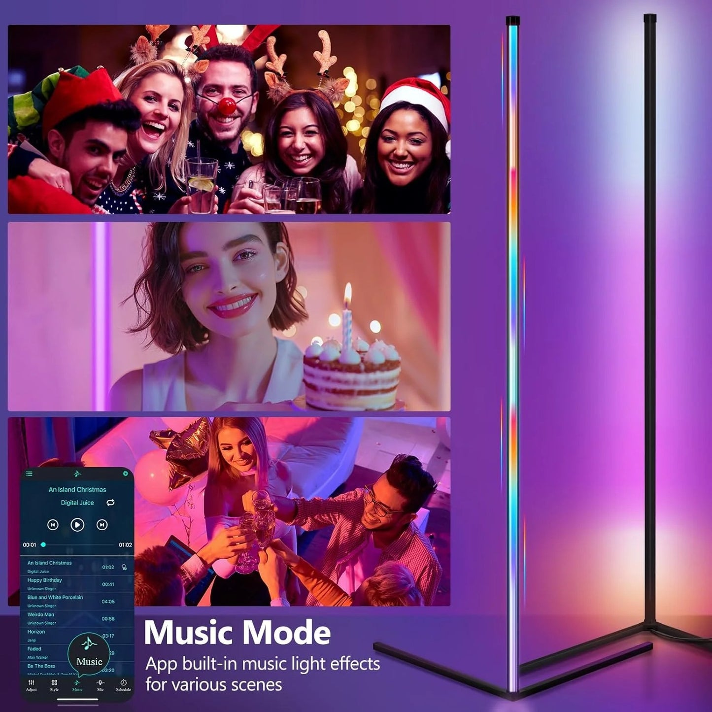 Smart 63" RGB LED Corner Floor Lamp, Music Sync Dimmable Standing Light with Remote & App Control for Ambiance
