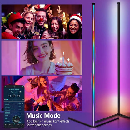 Smart 63" RGB LED Corner Floor Lamp, Music Sync Dimmable Standing Light with Remote & App Control for Ambiance
