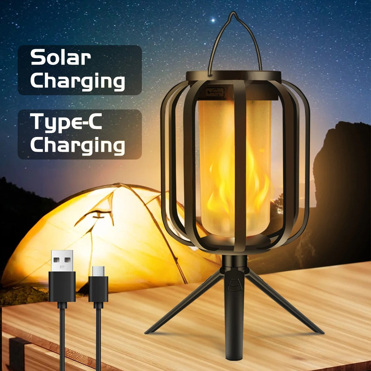 Solar Flame Hanging Lights - Portable LED Table Lamp with Realistic Flickering Effect for Outdoor Camping