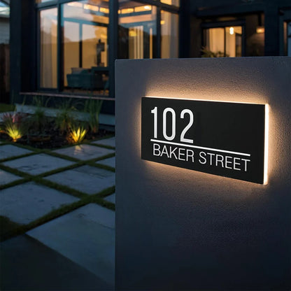 Modern Custom LED House Number & Address Sign - Stainless Steel Neon Backlight, Waterproof for Outdoor Display