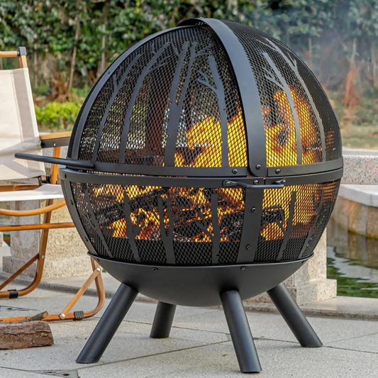 Sunflame - 35-Inch Outdoor Wood Burning Fire Pit with BBQ Grill & Spark Screen