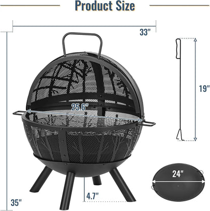 Sunflame - 35-Inch Outdoor Wood Burning Fire Pit with BBQ Grill & Spark Screen
