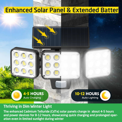 Ultra Bright 3000LM Solar Security Lights, 3-Head Motion Sensor Outdoor LED Floodlight