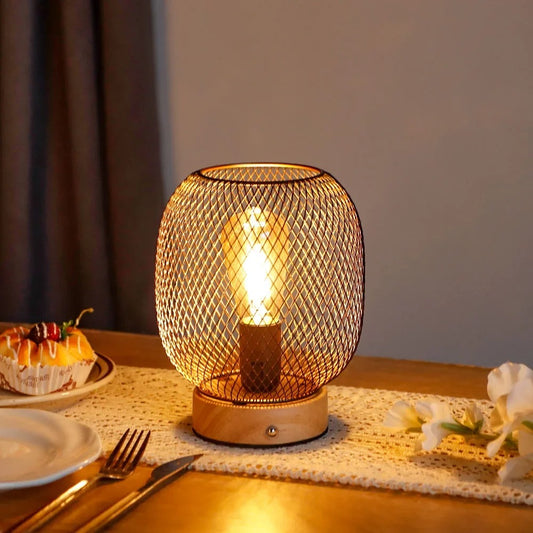 Vintage Style Metal Cage Table Lamp With LED Bulb, Portable Wireless, Dimmable Touch Bedside, Rechargeable