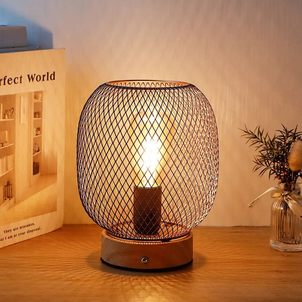 Vintage Style Metal Cage Table Lamp With LED Bulb, Portable Wireless, Dimmable Touch Bedside, Rechargeable