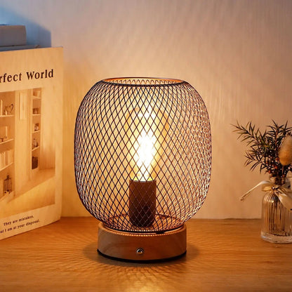 Vintage Style Metal Cage Table Lamp With LED Bulb, Portable Wireless, Dimmable Touch Bedside, Rechargeable