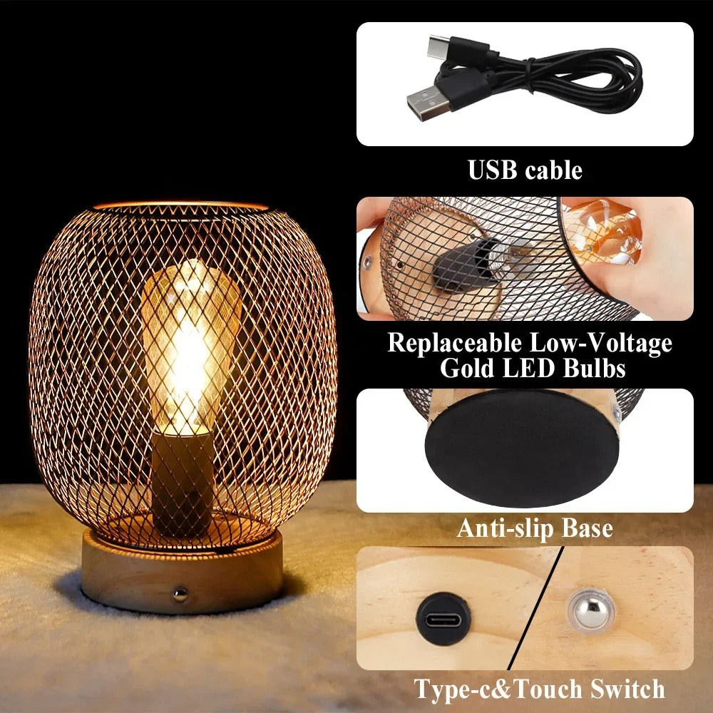 Vintage Style Metal Cage Table Lamp With LED Bulb, Portable Wireless, Dimmable Touch Bedside, Rechargeable