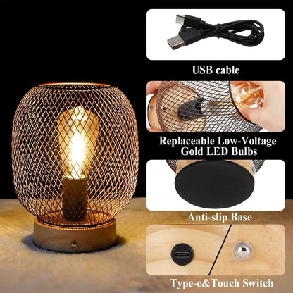 Vintage Style Metal Cage Table Lamp With LED Bulb, Portable Wireless, Dimmable Touch Bedside, Rechargeable