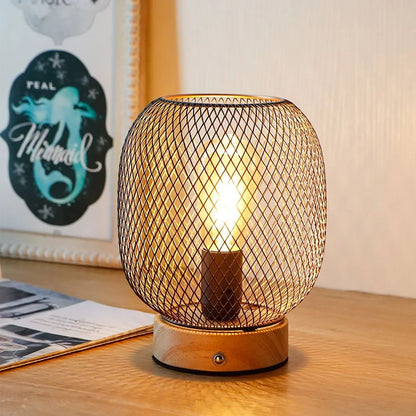 Vintage Style Metal Cage Table Lamp With LED Bulb, Portable Wireless, Dimmable Touch Bedside, Rechargeable