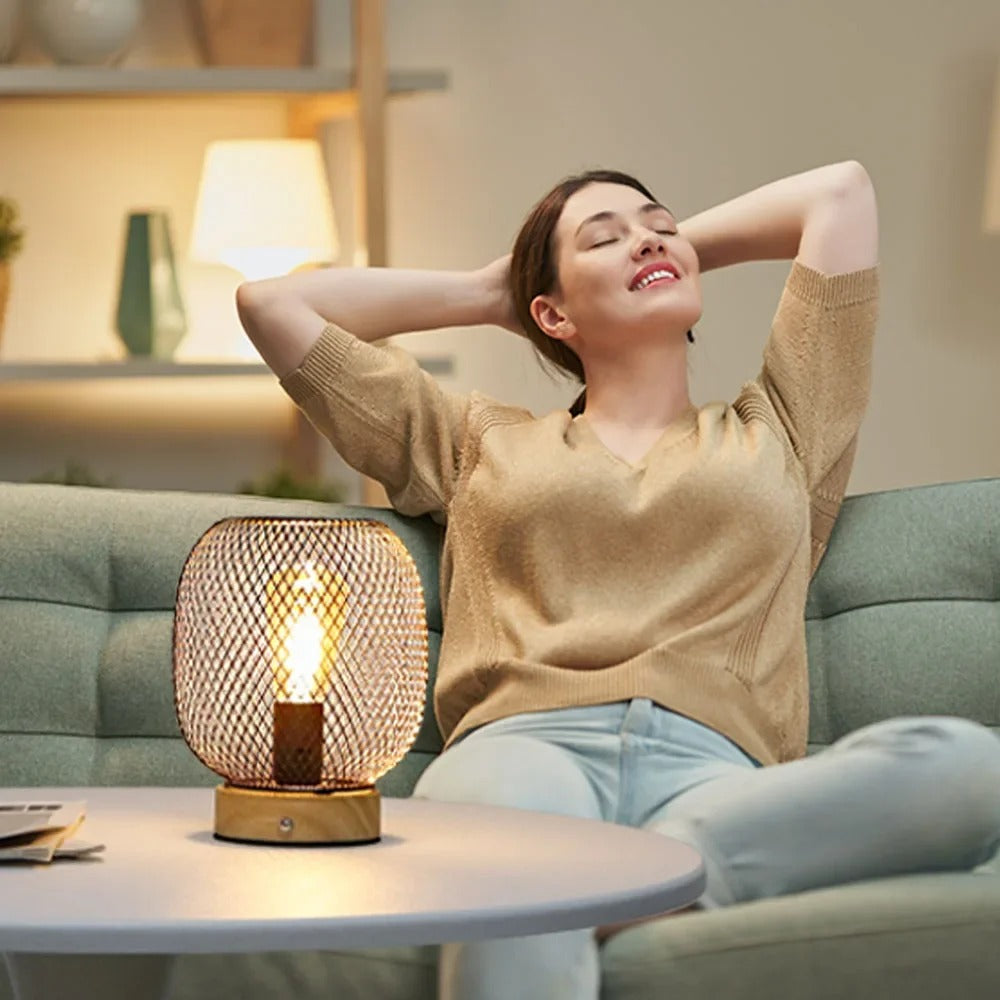 Vintage Style Metal Cage Table Lamp With LED Bulb, Portable Wireless, Dimmable Touch Bedside, Rechargeable