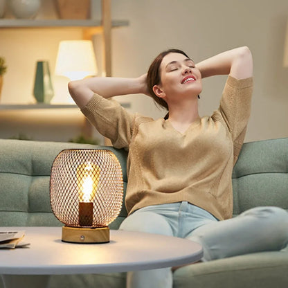 Vintage Style Metal Cage Table Lamp With LED Bulb, Portable Wireless, Dimmable Touch Bedside, Rechargeable