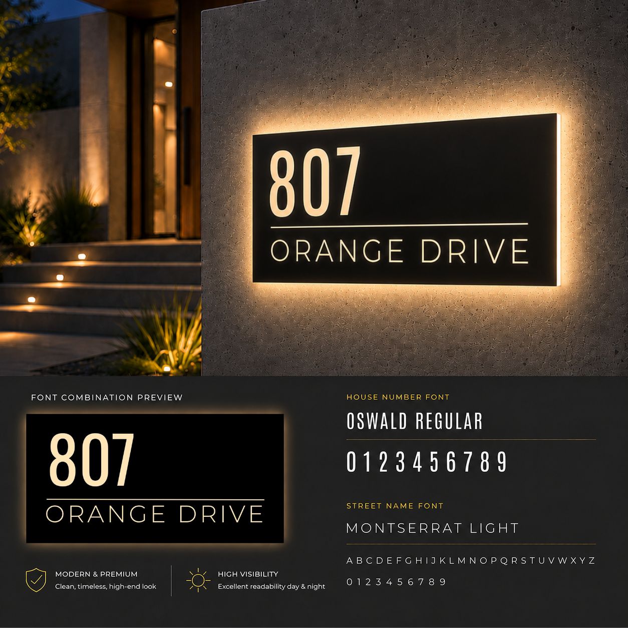Custom LED Backlit House Number Sign with Street Name | Modern Personalized Address Plaque