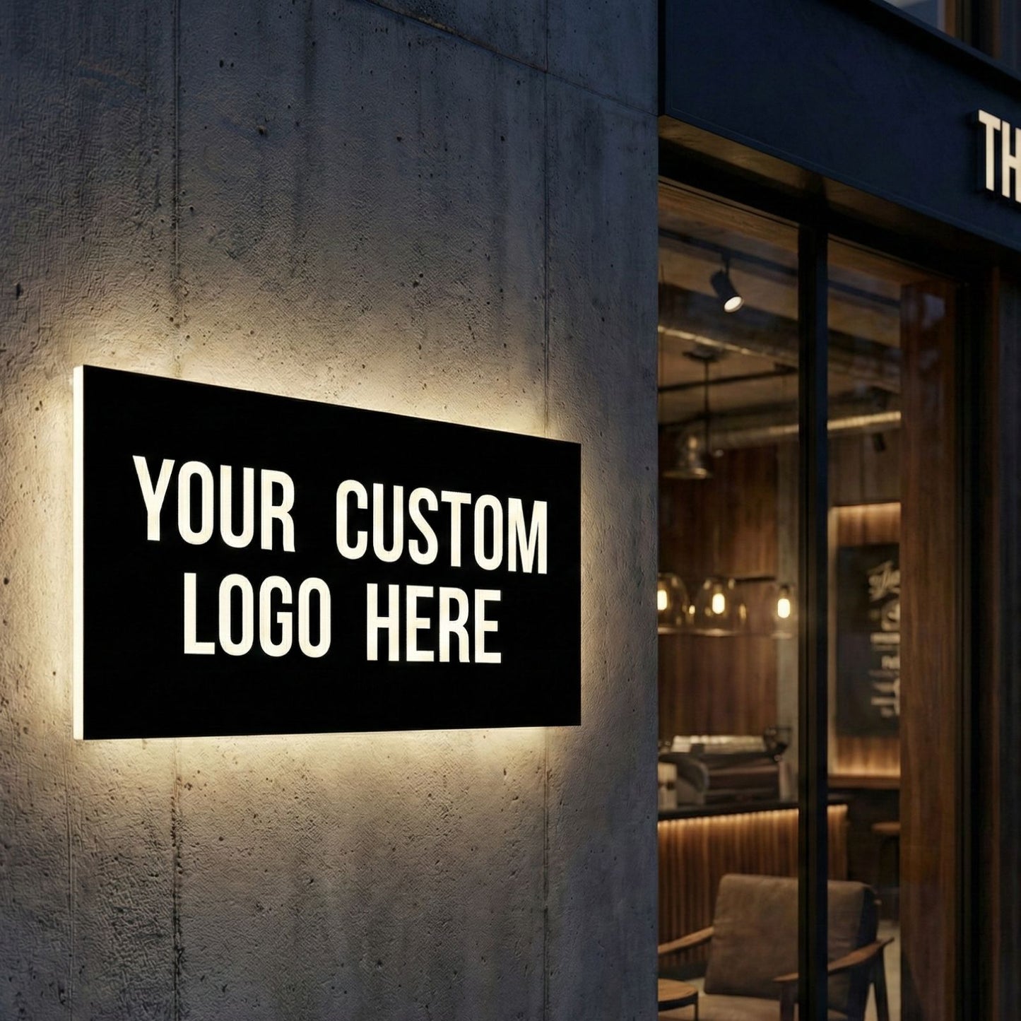 Modernes, individuell gefertigtes Leuchtschild mit Logo-Hintergrundbeleuchtung. Wetterfeste Business-Beschilderung aus Edelstahl für Ladenlokale, Büros, Clubs und Vereine