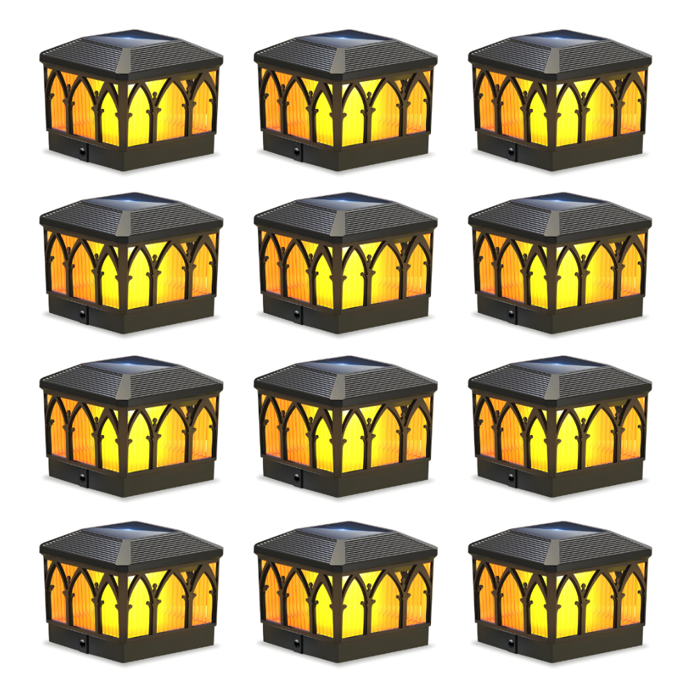 4x4 Solar Flame Post Cap Lights - Waterproof Outdoor Flickering LED Fence Deck Lamp
