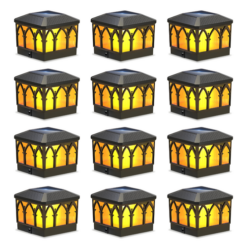 4x4 Solar Flame Post Cap Lights - Waterproof Outdoor Flickering LED Fence Deck Lamp